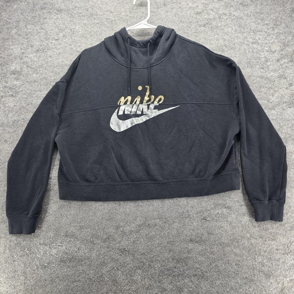 Nike Hoodie Womens Large Metallic Swoosh Cropped Pullover Sweatshirt Gold Silver